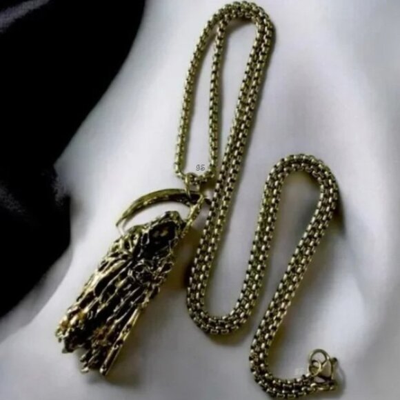 Grim Reaper Scythe & Skull Pendant Necklace - Silver Tone Gothic Jewelry NWT - Picture 14 of 15